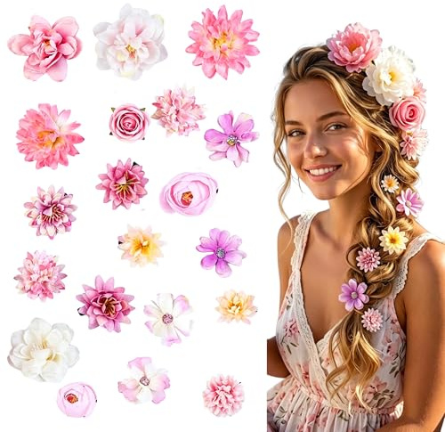 21-Pack Bohemian-Style Floral Hair Clip, Rapunzel Hair Flowers, Hawaiian Flower Hair Clip, Bridal Flower Hair Accessories for Women & Girls, For Beach, Parties & Weddings (Purple, White, Pink)