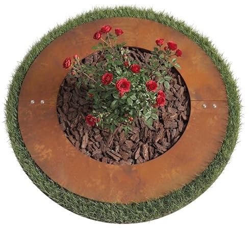 Relaxdays Baumring ø 50 cm, flach, Mähschutz, mit Erdspießen, braun | Edelrost, Baumscheibe Rasenkante, Bäume & Sträucher, Pflanzring Garten, Cortenstahl