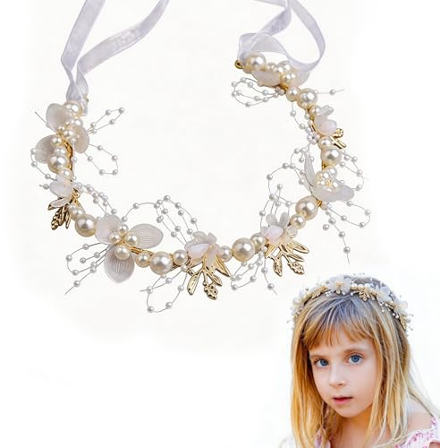 ARYIMYDP 1 Stück Perlen Blumenkranz Haarschmuck für Mädchen, Handgefertigter Braut Kopfschmuck mit Verstellbaren Bändern, Ideal für Taufe Kommunion Hochzeit & Fotoshooting