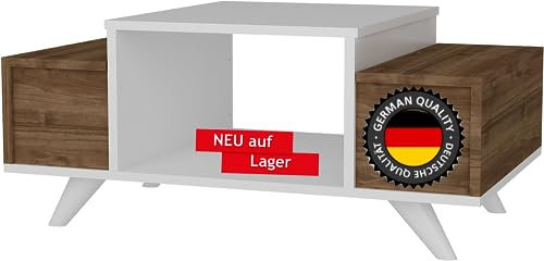 moebel17 4330 Eriberto Couchtisch Wohnzimmertisch Beistelltisch Kaffeetisch Holz, Weiß Walnuss, mit Ablagefach, Türklappen, 90 x 43,8 x 60 cm