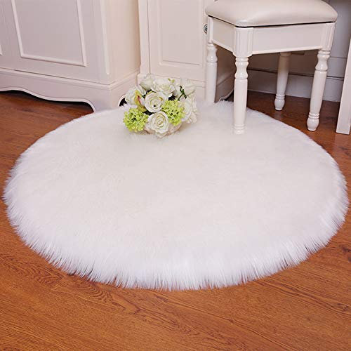 QINGLOU Faux Lammfell Schaffell Teppich (45 x 45cm) Wohnzimmer Schlafzimmer Kinderzimmer/Als Faux Bett-Vorleger oder Matte für Stuhl Sofa (Weiß(Runde), 45 x 45cm)