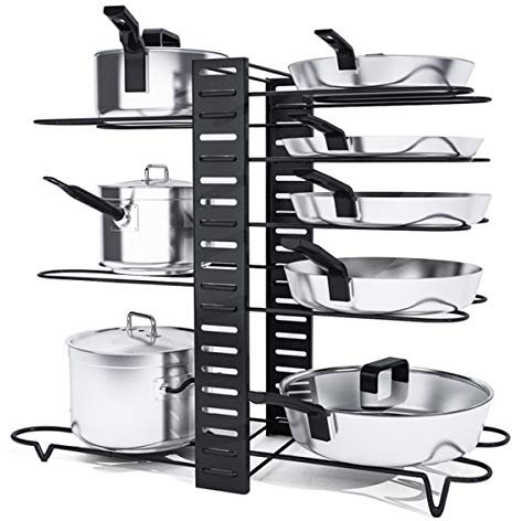 Astoryou Pot Rack Organizer, 8 Tiers Pan Rack Holder Stand Detachable Pot Lid Rack Length Adjustable Shelf Cookware Holders Cabinet Pantry With 3 DIY Methods for Kitchen Counter and Cabinet,Black