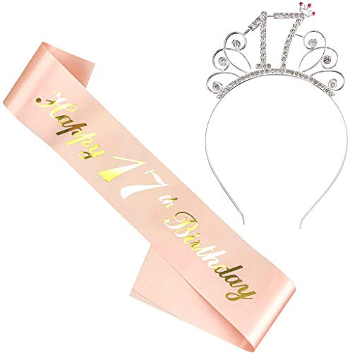 Ouceanwin Geburtstagskrone Schärpe Junggesellinnenabschied Set, Kristall Tiara Krone Haarreif Stirnband mit Schärpe aus Satin für 17 Geburtstag Mädchen Kinder Deko Accessoires Geschenk