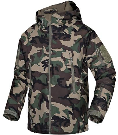 Wisdom Wolf Mens Softshell Waterproof Winter Fleece Lightweight Zip Up Outdoor Military Skiing Hooded Jacket with Multi Pockets (UK, Alpha, L, Regular, Regular, Camouflage-Green)