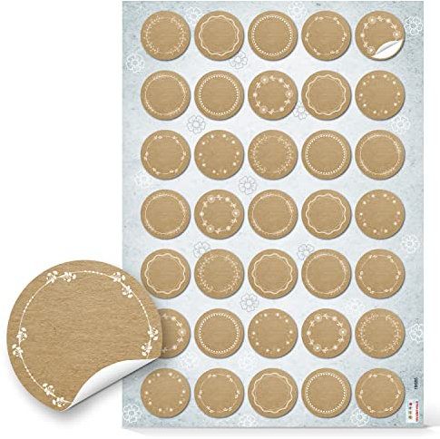 Runde Blanko-Aufkleber, 140er Set: Sticker in Kraftpapier-Optik für Verpackung & Geschenke, Klebeetiketten Hochzeit, Zum Beschriften & Selbst Gestalten, Geschenkaufkleber Braun & Weiß, Klein, Ø 3,2 cm