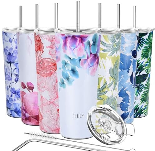 Thily Thermobecher aus Edelstahl, vakuumisoliert, 780 ml, Kaffeetasse mit 2 Deckeln und Strohhalmen, spritzwassergeschützt, hält Eisgetränke kalt, Rosa Lilien