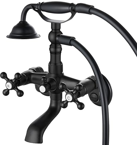 Midanya Clawfoot - Robinet de baignoire noir mat avec douchette à main - Fixation murale - 2 poignées croisées avec bec verseur - Style victorien vintage - Centre réglable de 7,6 à 22,9 cm