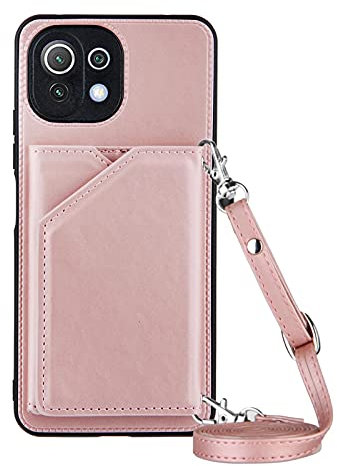PekaTech Handykette für Xiaomi Mi 11 Lite 5G, PU-Leder Hülle- Handyhülle mit Band zum Umhängen - Klapptasche Handytasche Case mit Handy-Kette, Kartenfach und Portmonee, Roségold