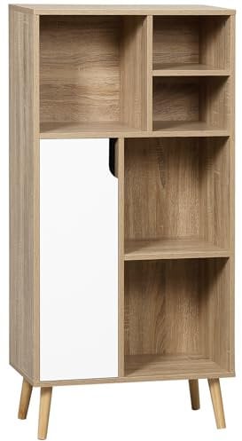 HOMCOM Mueble Aparador Alto Armario Auxiliar de Salón con 5 Compartimentos y 1 Puerta Multiusos para Comedor Cocina Dormitorio 60x30x121 cm Roble y Blanco