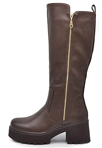 IF Fashion Stivali Biker Motociclista Da Donna Doppia Cerniera Zip Tacco Medio Platform Carrarmato 6631 brown N.39