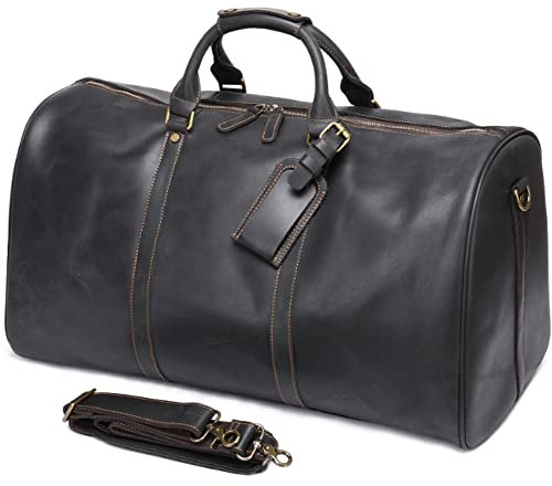 ELMAIN Vintage Leder Duffle Bag für Reisen oder das Fitnessstudio, große Seesack Herren Turnbeutel mit Schuhfach schwarz