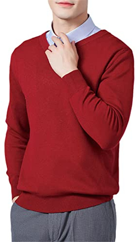 Vogrtcc Herren-Pullover, Kaschmir-Mischgewebe, Strickpullover, V-Ausschnitt, Wolle, Strickwaren, Pullover, V-Ausschnitt, Rot, XL