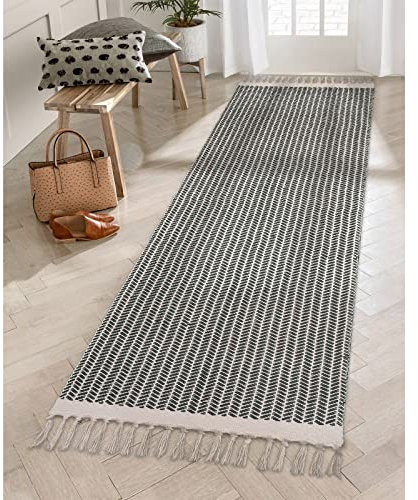 Lahome Boho Flur Läufer Teppich, 5x17.8 cm Küchenläufer Teppich Waschbar Badteppiche für Badezimmer Gewebte Baumwolle Teppich Läufer mit Quasten, fusselfrei, grauer Teppich für Schlafzimmer Wäsche