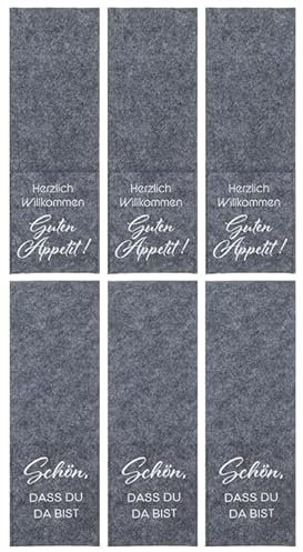 Brandsseller 6er Set Bestecktasche Filz mit Spruch - Hellgrau
