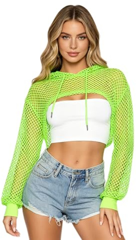 ITODA Women's Fishnet Crop Top Long Sleeve Mesh Hoodie Tops Hollow Out Pullover Sweatshirt Sexy Crochet Bikini Cover Up See Through Y2k Crop Tops Rave Party Outfit Clubwear
