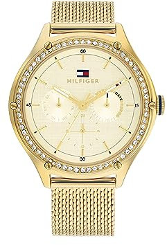 Tommy Hilfiger Montre Analogique Multifunction à Quartz pour Femme avec Bracelet Milanais en Acier Inoxydable de Couleur Dorée - 1782655