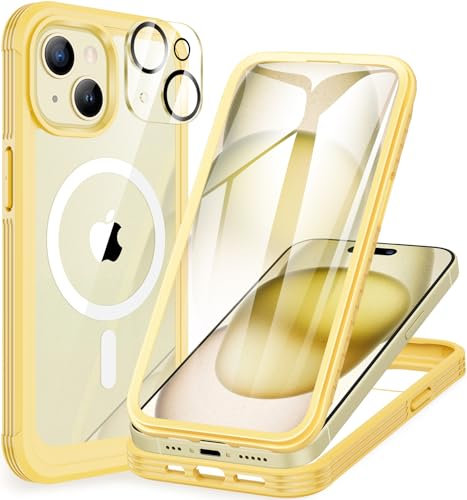 CENHUFO Magnetic Case Compatible with iPhone 15 Built-in Glass Screen Protector with Camera Lens Protector, 360°Full Body Heavy Duty Protective Phone Case for iPhone 15 Case Shockproof -Yellow
