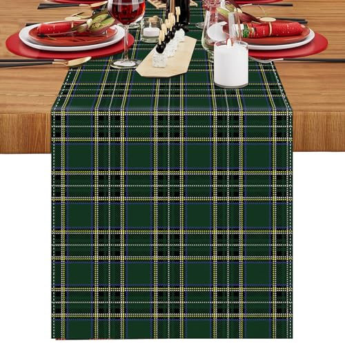 LRartdeco Chemin de Table Noel Tartan 40x140cm Chemins de Table Décoratif pour Salle À Manger Nappe Moderne Table Runner Lin pour Décoration de Table de Salle À Manger Fête de Noël, Vert
