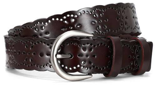 JasGood Damen Ledergürtel Hohle Blume Design Damen Gürtel mit Dornschließe für Jeans Hosen Kleider,Kaffee,125cm