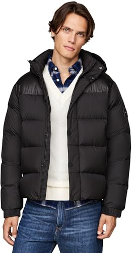 Tommy Hilfiger Herren Pufferjacke Mix Down Hooded Puffer Jacket mit Kapuze, Schwarz (Black), L