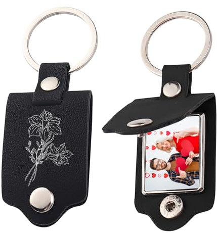 Wyleaves Porte-clés personnalisé avec image Gravure personnalisée Photo/Texte/Dog Tag Keychains, Protection en cuir noir