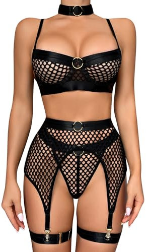 Aranmei Sexy Lingerie for Women Fishnet Bra and Garter Belt Panty Set 5 Pieces Bra Set with Cut-Out Hollow Underwear Garter Choker Babydolls, Black, L