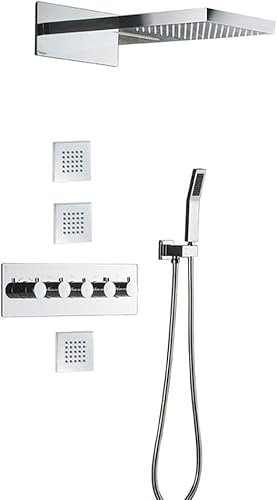 DSeenLeap Ducha termostática clásica de latón con rociador Corporal, Juego de Grifo de Ducha Tipo Lluvia con 4 Funciones para Montaje en Pared para baño, Cromado