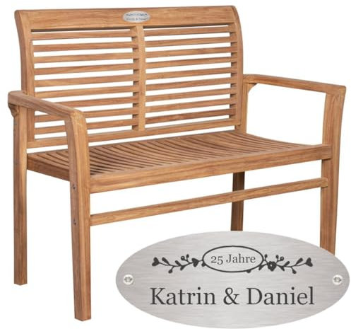 Sterngraf Silberhochzeit Bank mit Gravur zB Herz mit Zahl (Namen), Gartenbank Edelstahlschild personalisiert, Teakholz-Bank zum 25. Hochzeitstag/Jubiläum