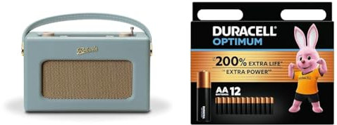 Roberts Revival RD70DE FM/DAB/DAB+ Digital Radio with Bluetooth - Duck Egg & Duracell Optimum AA Batteries (12 Pack) - Alkaline Batteries 1.5V - Up To 200% Extra Life or Extra