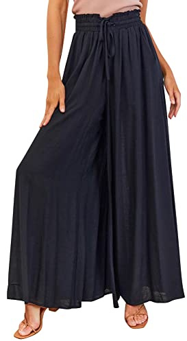 OMEWEE Damen Sommer Lässige Marlenehose mit Taschen Leicht Palazzo Elegant Plissee Viskose Hose Freizeithose Hohe Taille Sommerhose Weites Bein Boho Schlaghose