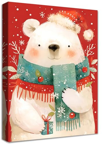 Buon Natale Stampa su tela con cornice Orso polare con sciarpa Quadri Moderni Natale Fiocchi di neve Pittura Quadri su tela Quadro decorativo per bagno camera da letto Soggiorno Negozio 30x40cm