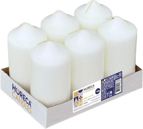 Horeca Candles - Velas de Columna Marfil - Ø 6 x 12 cm - Set de 6 Velas Decorativas - Larga Duración 40 Horas - Cera Inodora - Cera de parafina