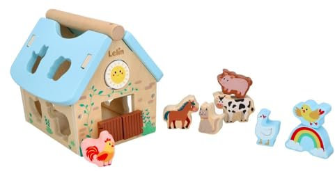 adam toys Lelin - Motorikwürfel ab 1 Jahr - Holzspielzeug für Kinder - Steckhaus Bauernhof mit Tieren, mit abnehmbarem Dach und beweglichen Elementen - Kinderspielzeug ab 1 Jahr, Sensorik Spielzeug