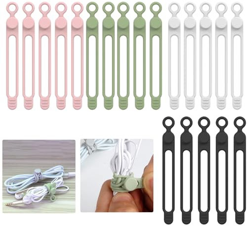 Bridas para cables, 20 bridas para cables reutilizables, bridas para cables de silicona, administrador de cables multifuncional, acabado de cables de cuero elástico, soporte para cables