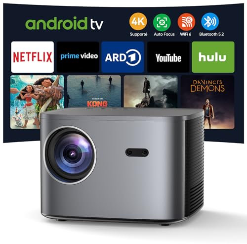 【Netflix & Autofocus】 Vidéoprojecteur 4K Auto Keystone, Projecteur 4K WiFi6 Bluetooth 26000 Lumens 1080P Full HD avec Zoom 50%, Rétroprojecteur avec Android TV, HDMI/USB/Ethernet pour Phone/PS5/PPT