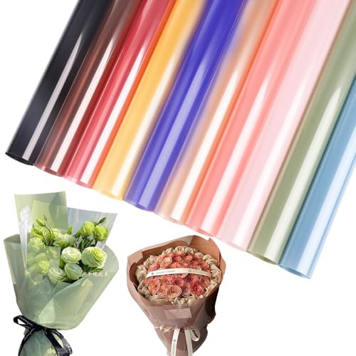 Helweet Papel de celofán, 40 unidades, 10 colores, 58 x 58 cm, transparente, impermeable, resistente al polvo, resistente al desgarro, adecuado para flores, cestas de frutas, galletas, aperitivos y