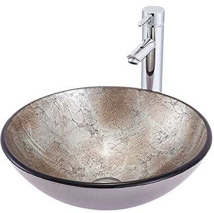 XDAWQP Bathroom Vessel Sink,16.5 Round Wood Color Vessel Sink Artistic Tempered Glass Bathroom Bowl With Chrome Faucet And Pop-Up Drain，