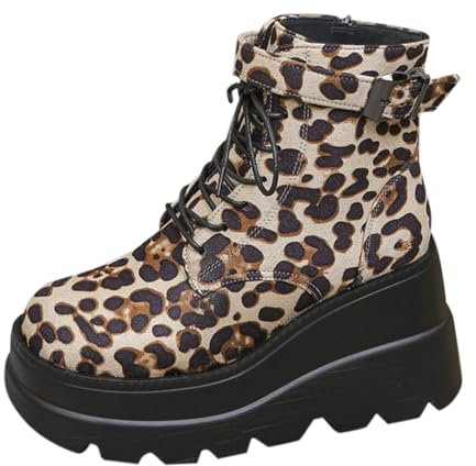 Genérico Botas Camperas Mujer del Botines y Botas Mujer Mujer Primavera Otoño E Invierno Punta Redonda Gruesa Estampado De Leopardo con Cordones Cremallera Botas Mujer Militares Negras (Beige, 38)
