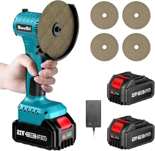 Seesii Mini Smerigliatrice Angolare a Batteria, 21V Smerigliatrice a Batteria Con 2 Batterie da 4000mAh, Motore Brushless 4 (19.500 Giri/min), Testa Rotante a 180° Per Taglio e Levigatura (100mm)