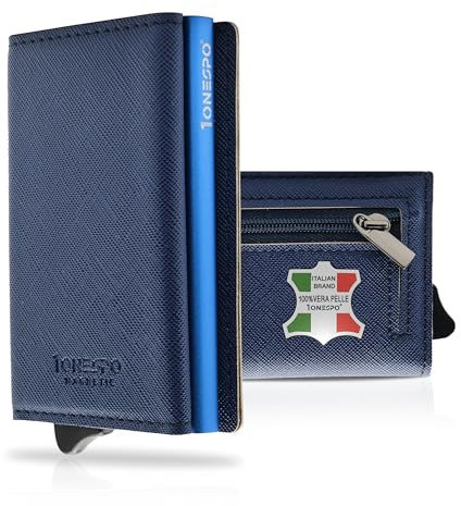 1ONESPO MAGNETIC Portafoglio uomo VERA PELLE - Porta Carte di Credito uomo con Portamonete e Contanti - Protezione RFID 8 tessere, SAFFIANO Blu