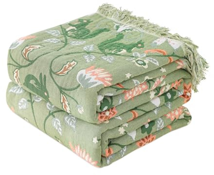 LUTBM Boho-Überwurfdecke für Bett, 100% Baumwolle, weich, leicht, grün, Blumenmuster, Garten-Stickerei, wendbar, für alle Jahreszeiten, Doppeldecken für Sofa, Couch, Stuhl, 152,4 x 203,2 cm