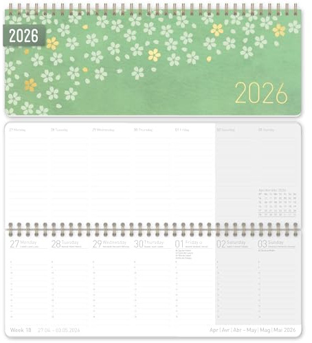 Häfft® Calendrier de bureau international 2026 horizontal Poppy 1 semaine 2 pages, 29,8 x 11,6 cm, multilingue - durable & respectueux du climat