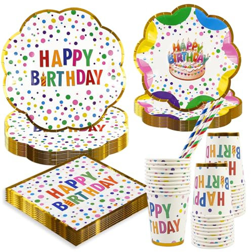 BOKFJBP 50Stück Geburtstag Party Geschirr Set Happy Birthday Bunte Polka Dot Lacy Papier Teller Bunte Servietten Tassen Stroh für Kind Erwachsene Baby Dusche Dekorationen Servieren für 10 Gäste