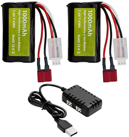 ZYGY 2PCS 7.4V 1000mah 2S Li-ion Battery with T-plug with 2-in-1 Charger for YC100 HM161 HM162 HM166 HM201 9145 1:20 Remote Control Truck HBX X03 RC Boat Battery