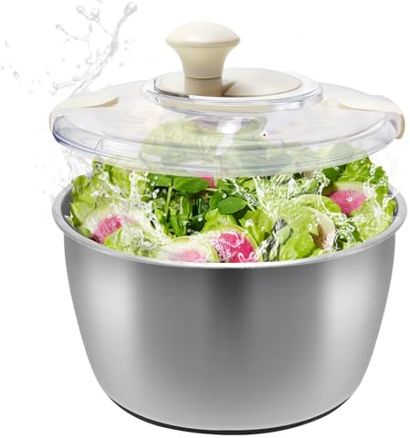 Stainless Steel Salad Spinner - Hand Crank Veggie Dryer for Leafy Greens, Compact Manual Dehydrator with Quick Spin,Spaghetti & Chip Strainer,Easy Clean,with Non-Slip Base,5qt