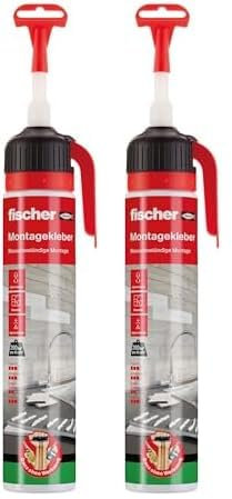 fischer Montagekleber, Klebstoff in Weiß, Flüssigkleber, super starker Halt, innen und außen vielseitig einsetzbar, klebt Stein, Beton, Emaille, Keramik, uvm., 300 g (Packung mit 2)