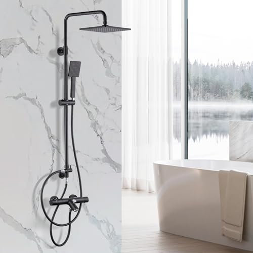 ARCORA Colonne de douche thermostatique noire - Kit complet avec douche à effet pluie carrée de 23 cm, température de l'eau constante de 38 °C, douchette avec 2 types de jet et robinet de baignoire