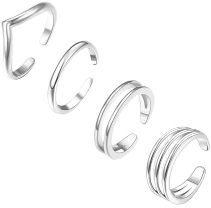 Kotkiddy 4 Sterling Silber Minimalistischer Zehenringe Set Silberplattiert Einfache Offene Verstellbare Band Zehenringe für Frauen Strand Fußschmuck für Sommer