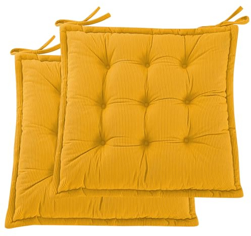 PRIMEPATIO Indoor Sitzkissen Stuhl 2er Set – Komfortable Cordstoff-Sitzmatte Stuhlkissen mit Bändern, Hochwertige Füllung, Ideal für Esszimmer, Büro, Wohnzimmer, Outdoor Gartenstuhl, 50x50x7, Gelb