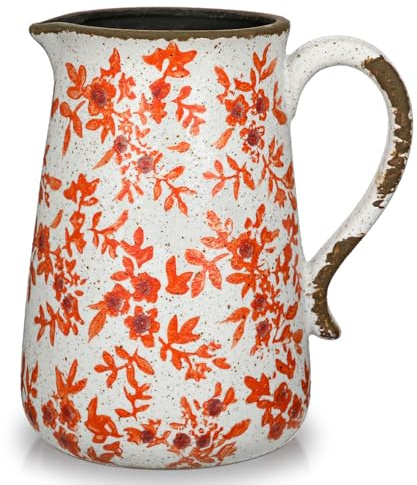 Oairse Ceramic Rustic Farmhouse Vase 7.9 Pink and White Vase for Centrepieces Chinoiserie Vases Pottery Jug with Handle French Country Decor Vintage Vases for Living Room Kitchen Dinner Table